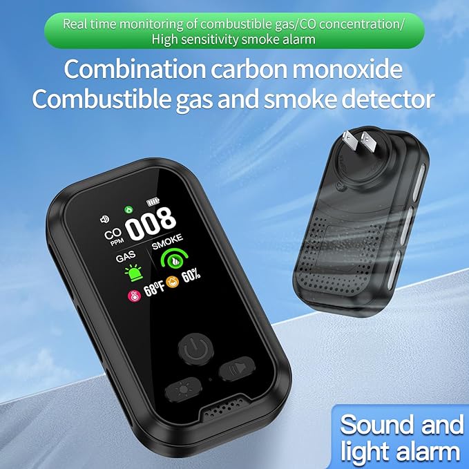 5IN1 Plug in Smoke & Carbon Monoxide Detector & Combustible Natural Gas Combination Builti-in Backup Battery HD Screen [Smoke CO Gas Temp Humidity Sensor] for Home Hotel RV (1-Pcs, Black)