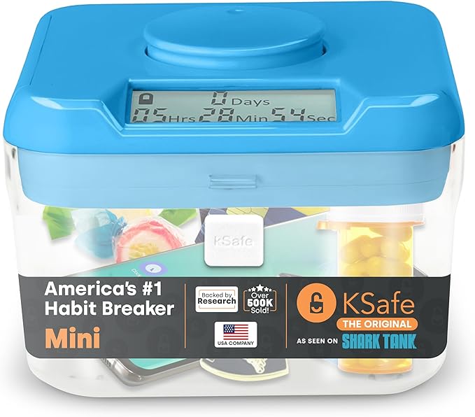KSafe Timer Lock Box for Phones, Snacks & Medications - Cell Phone Jail & Food Safe with Timer - Time Locking Container for Better Habits & Addiction Management (Mini, Blue Lid + 3.0” Clear Base)