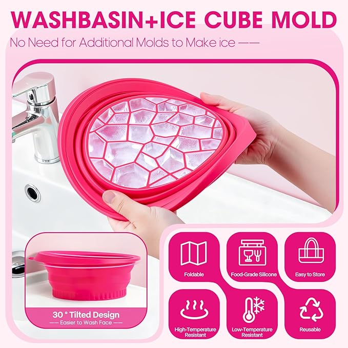 Portable Facial Ice Bath Bowl - Foldable Silicone Bowl with Built-In Ice Tray for Skincare, Suitable for Skin Facial Icebath at Home (Rose)