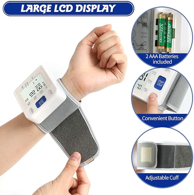 Blood Pressure Monitor - Wrist Accurate Automatic High Blood Pressure Monitors Portable LCD Screen Irregular Heartbeat Monitor with Storage Case and Adjustable Cuff Powered by Battery - White