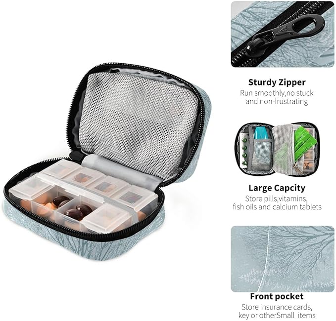 Snowflake Trees and Reindeer Travel Pill Organizer Case Box Container Weekly Portable Vitamin Medicine Holder Storage Bag with Zipper Removable