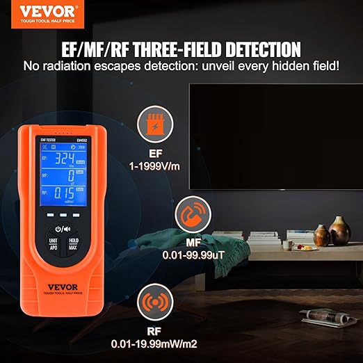 VEVOR 3-in-1 EMF Meter, 5Hz - 3.5GHz, Handheld Rechargeable Electromagnetic Field Radiation Detector, Digital LCD EMF Tester for EF MF RF Home Inspections Outdoor Ghost Hunting Paranormal Equipment