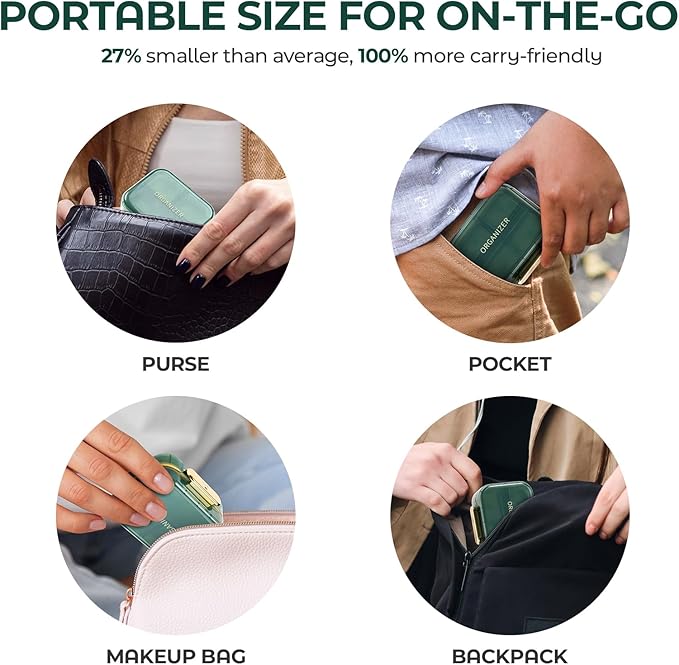 Odaro Travel Pill Oraganizer, Small Medicine Pill Organizer for Purse, Portable Daily Pill Box, Compact Moistureproof 7 Compartments Pill Case for Vitamin and Supplements - Green