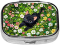 Garden Cat Pill Box 2 Compartment Small Pill Case,Portable for Pocket or Purse Pill Organizer Pill Container Holder with Mirror to Hold Vitamins, Medication, Fish Oil and Supplements