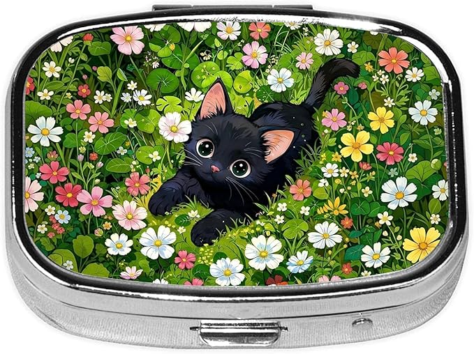 Garden Cat Pill Box 2 Compartment Small Pill Case,Portable for Pocket or Purse Pill Organizer Pill Container Holder with Mirror to Hold Vitamins, Medication, Fish Oil and Supplements