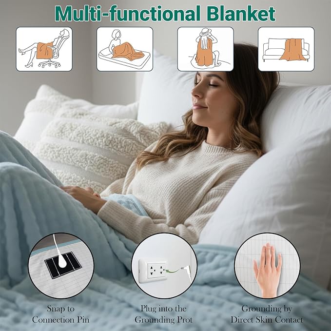 Grounding Blanket Grounding Sheets Queen, Grounding Throw for Improved Sleep, Relieving Pain,Conductive Grounded Mat for Bed with Grounding Wire (Sky Blue, Adult)