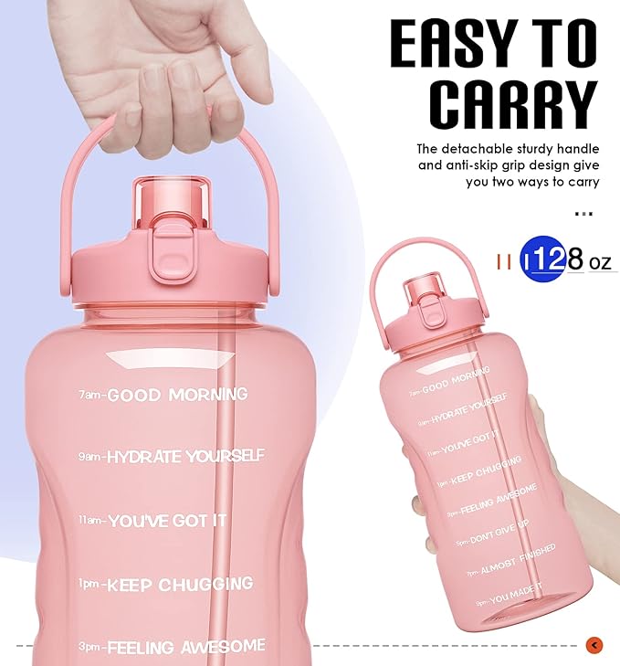 HydroPal 1 Gallon Water Bottles with Straw, 128 oz Water Bottle BPA Free Innovative 2-IN-1 Lid Gym Bottle with Times to Drink Motivational, Large for Sports Fitness Camping Water Jug （13.8X5.5 inch）