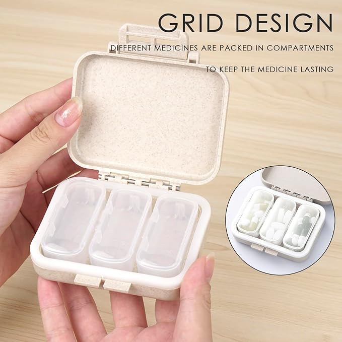 2-Pack Daily Pill Organizer, Wheat Straw Fiber Portable Medicine Case with 3 Removable Compartments & Labels (Beige/Pink)