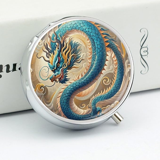 Dragon Pill Box Travel Pill Case for Purse Pocket Weekly Medicine Organizer with Mirror 3 Compartment Round Medicine Case Portable PillcaseHolder for Daily