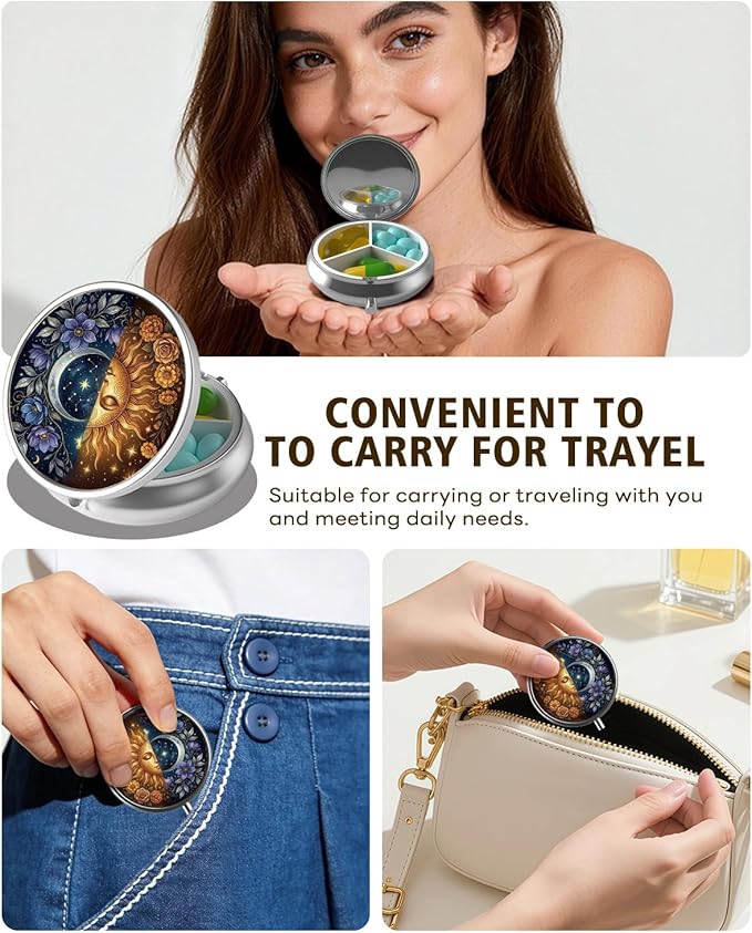LRITER Pill Case, Portable Travel Pill Box, Pillbox Organizer, Cute Small Medicine Storage Container, Purse Accessories for Women, Men (Sun and Moon)