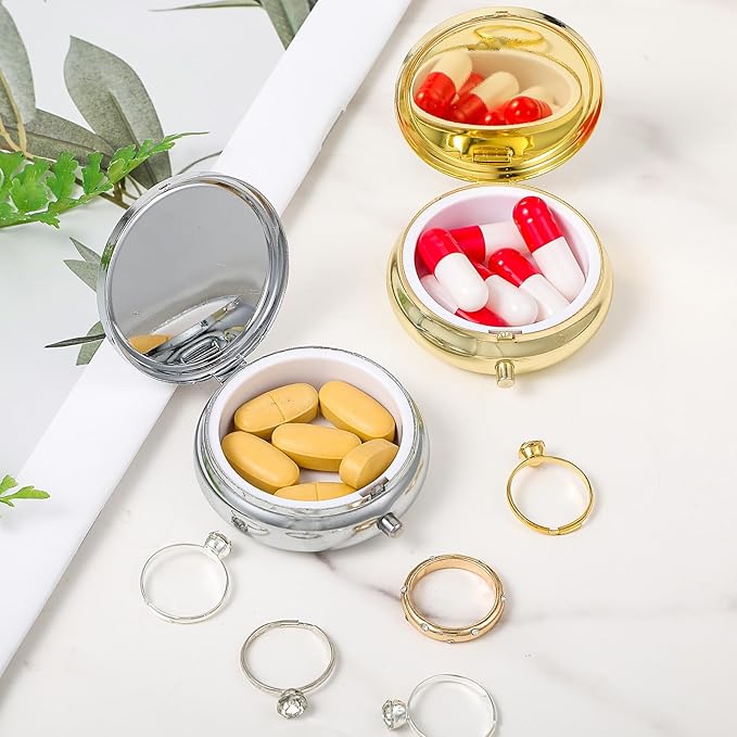 Sibba Small Pill Case, 2Pcs Portable Medicine Box for Purse & Pocket, Dose Pill Organizer Waterproof Metal Pastillero for Vitamins Fish Oil Supplements, Gold Silver