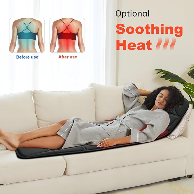 CILI Full-Body Vibration Massage Mat, 10 Motors & 5 Modes, Heated Back Massager Pad for Bed/Chair, Auto Shut-Off, Ideal Gift for Men & Women - Black