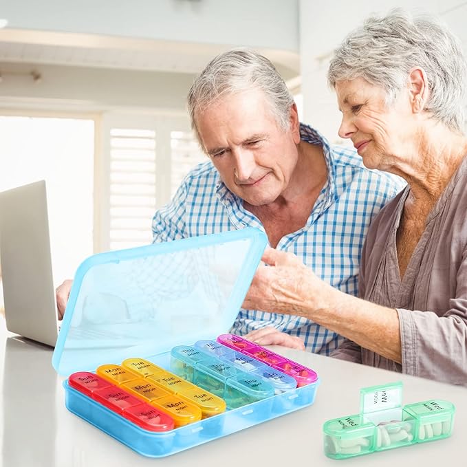 ASprink Pill Organizer 3 Times a Day - Weekly Pill Organizer 3 Times a Day - Large Pill Box 7 Day Medicine Organizer (Black and Blue)