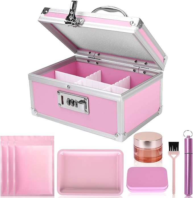 Travel Smell Proof Safe Locking Box With 6 PCS Accessories, Premium Medicine Organizers Case, Childproof Pill Box Organizer, Lock box for Valuables, Pink