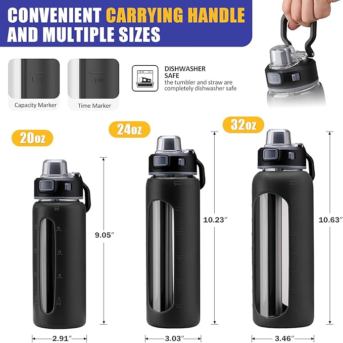 Kodrine 20oz Glass Water Bottle with Straw-2 Lids for Easy Carry, with Handle, Silicone Sleeve & Time Marker, Reusable Glass Drinking Bottle for Home,Office,Outdoors, Cupholder Friendly-Black