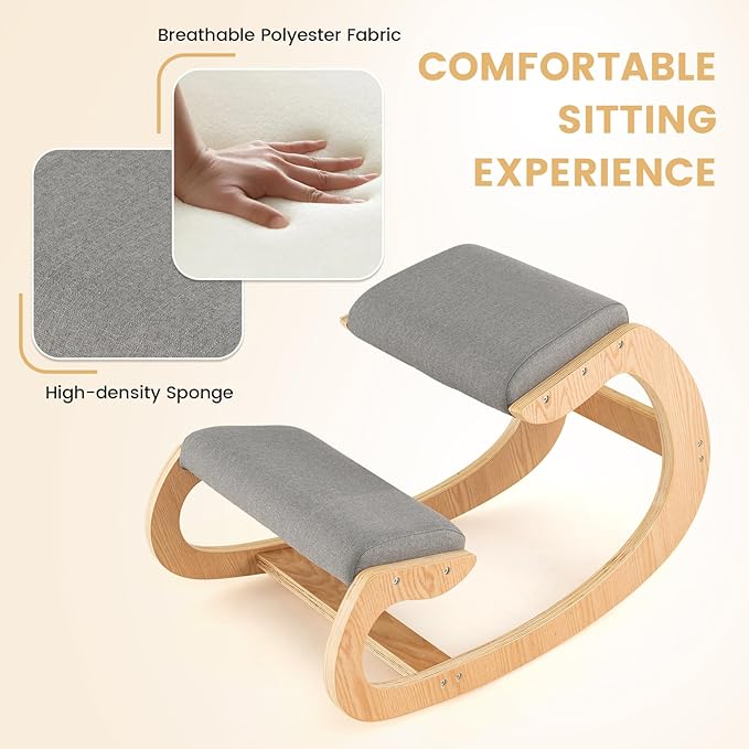 Ergonomic Kneeling Chair, Wooden Posture Chair W/Extra Padding for Back Neck Pain Relief & Improving Posture, Rocking Meditation Stool W/Knee Support for Home Office (Grey)