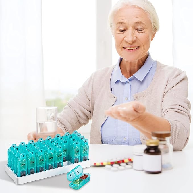Daviky Monthly Pill Organizer 2 Times a Day, 30 Day Pill Box AM PM with Separate Container, One Month Medicine Case Twice a Day to Hold Vitamins, Supplements and Medication (Cyan)