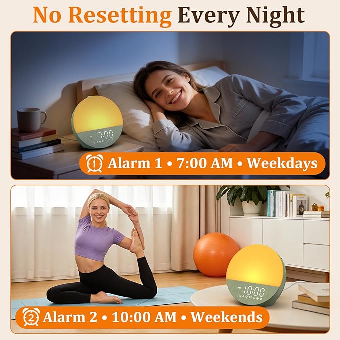 Wake Up Sunrise Alarm Clock: 10-60 Minutes Simulate Sunrise for Gentle Wake Up - 20 Adjustable Brightness Bright Enough for Heavy Sleepers - Dual Alarms with Sound Machine