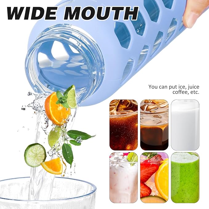 MUKOKO Glass Water Bottles,24oz Glass Tumbler with Straw,Drinking Bottles with 2 Lids-Handle Spout Lid&Bamboo Straw Lid,Motivational Water Bottle with Time Marker and Silicone Sleeve,1 Pack-Glacier