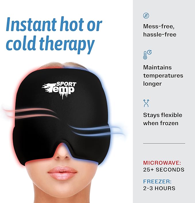 Reusable Migraine Relief Cap (1 Pack) Soothing Headache Ice Mask Hat, Odorless Gel Face & Head Compress Wrap for Tension, Stress, Sinus, Hangover & Puffy Eyes - Hot and Cold Therapy - Sport Temp