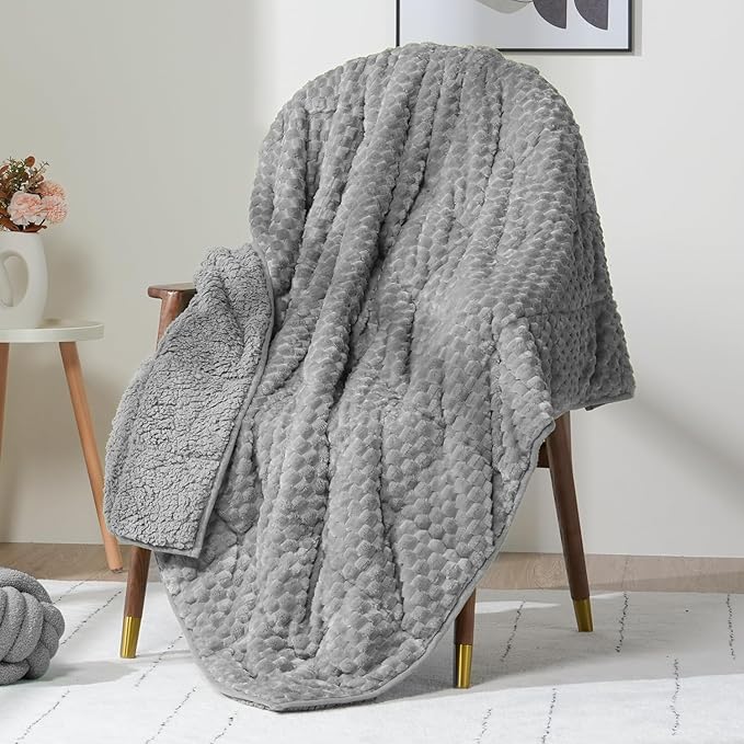 Wemore Fleece Weighted Blanket for Adults (60" x 80" 15lbs, Grey), Dual Sided Cozy Soft Sherpa Heavy Blanket, 3D Imitation Turtle Shell Warm Jacquard Flannel Weighted Blankets for Couch and Bed
