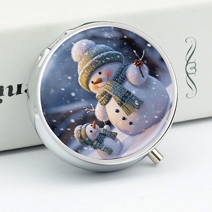 Winter Snowman Pill Case 3 Compartment Portable Pill Box Daily Round Pill Organizer for Pocket Purse Daily Medicine Container to Hold Vitamins Fish Oil Travel Gifts