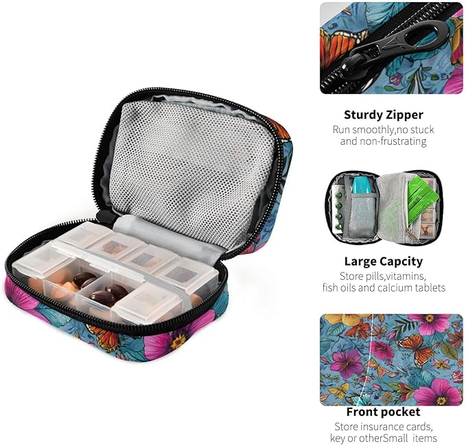 Blue Tropical Flowers and Butterflies Travel Pill Organizer Case Box Container Weekly Portable Vitamin Medicine Holder Storage Bag with Zipper Removable