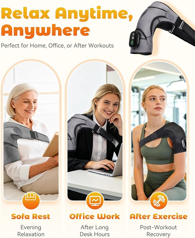 Shoulder Massager – Shoulder Heating Pad with Massage, Cordless Heated Shoulder Wrap with 3 Intensity Levels, Adjustable Straps for Deep Tissue Comfort, One-Button Operation (Gray)