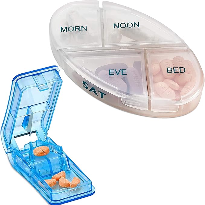Weekly Pill Organizers with Pill Cutter Splitter (Pack of 2) 4 Times a Day Weekly Medication Dispenser Reminder, 7-Day Stackable Compartments - Morning, Noon, Evening, and Bedtime, Grey