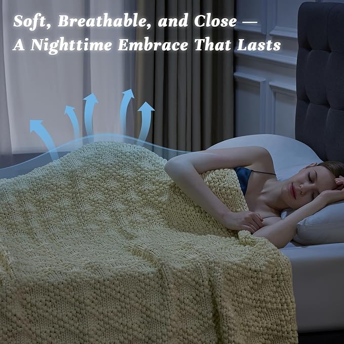 Knitted Weighted Blanket for Adult, Chunky Knit Weighted Throw for Sleep 60"*80" 12lbs, Cooling Breathable Machine Washable Heavy Blanket for Room Decor (Cream White, Queen)