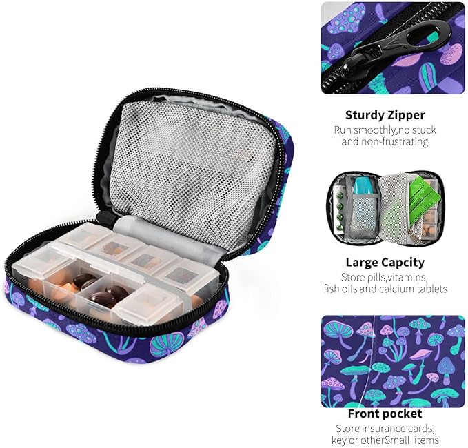 Mushroom Colorful Pill Box 7 Day Pill Case Travel Pill Organizer Bag with Zipper Portable Weekly Vitamin Medicine Supplement Holder Pouch Bag