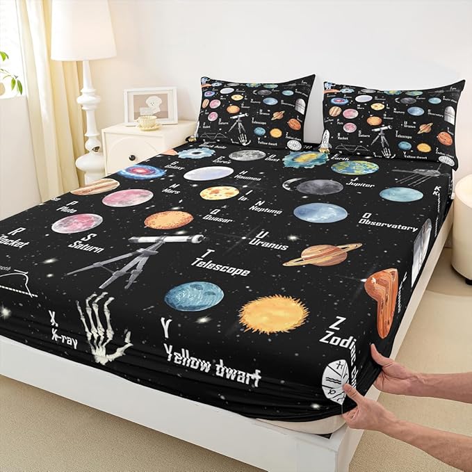 Solar System Bedding Set Full Size for Boys Girls, ABC Alphabet Bed Sheet Set Solar System Alphabet Fitted Sheet Educational Bed Cover with 2 Pillow Case (No Flat Sheet)