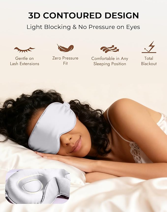 SilkSilky 100% 22 Momme Mulberry Silk Sleep Mask – Upgraded 3D Contoured Eye Mask with Nose Wing Pads & Adjustable Strap, Luxury Blackout Eye Cover for Women & Men (Light Gray)