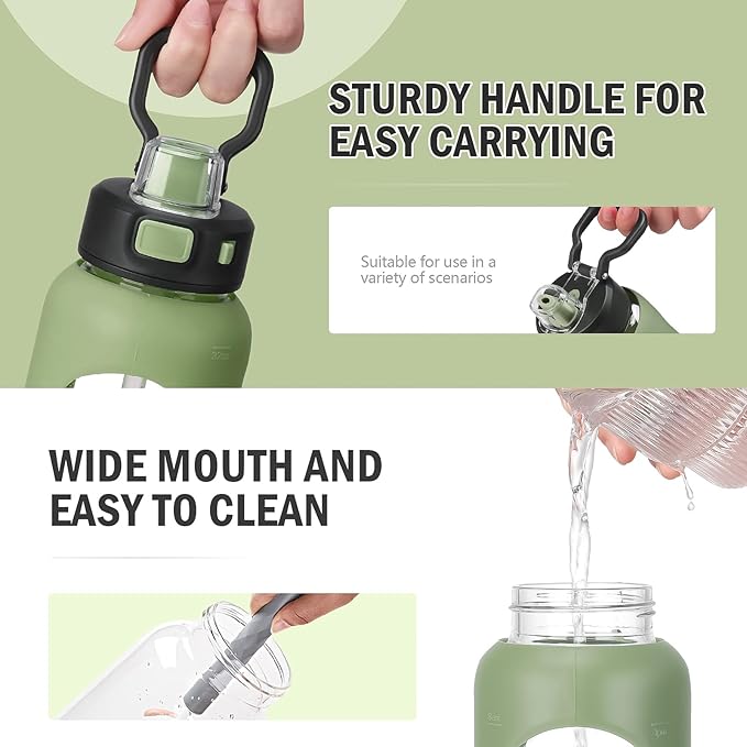 Kodrine Water Bottle With Straw and Carry Handle, Glass Water Bottle 24 oz Leak Proof Locking Lid with Soft Silicone Spout, Reusable Drinking Cups for Travel Sports with Time Marker,Olive