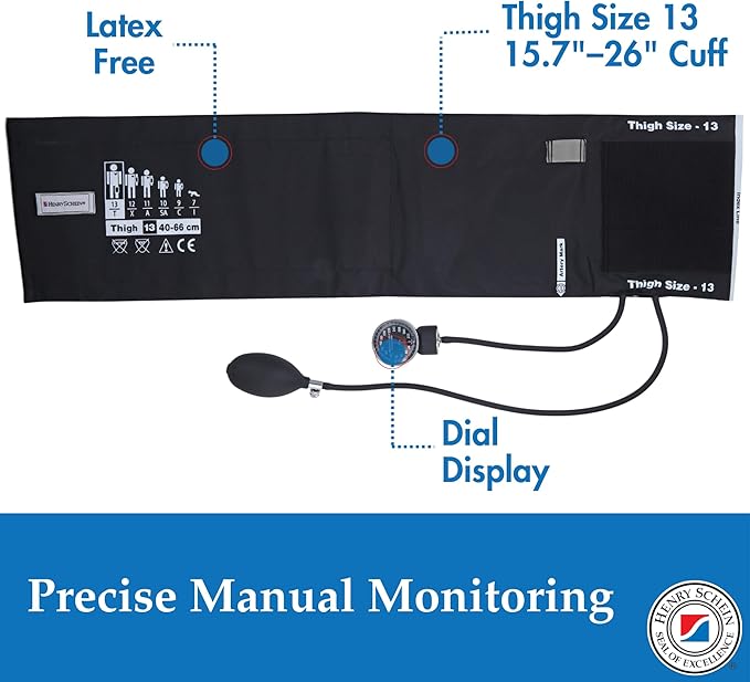 Henry Schein Prosphyg Adult Aneroid Sphygmomanometer – Size 13 Thigh Cuff (15.7"–26"), Black Cuff, Manual Blood Pressure Monitor, Dial Display, Reusable, Latex-Free, Carrying Case – 1 Count