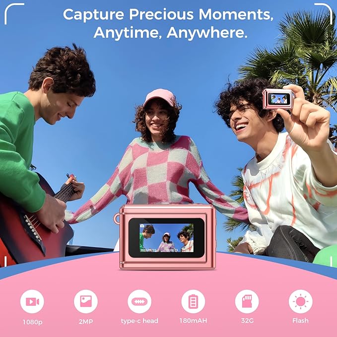 Mini Keychain Digital Camera, Y2K Pocket-Size Mini Camera, 2MP 1080P Small Camera with 32GB Card, Video Recorder with Long Battery Life for Travel, Party and Vlog (Rose Gold)