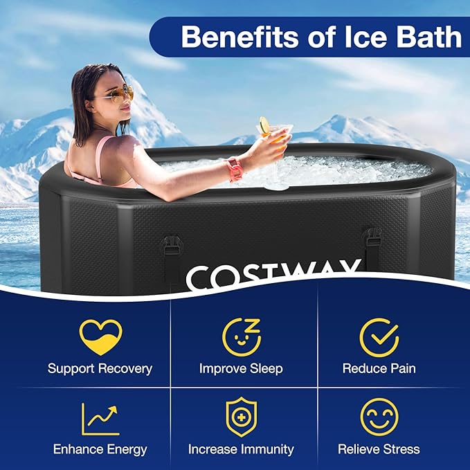 COSTWAY XL 129 Gal Oval Ice Bath Tub with Cover, Portable Outdoor Inflatable Cold Plunge Tub with Backpack, Pump, for Cold and Therapy, Compatible with Water Chillers, Black