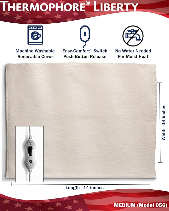Assembled in The USA - Thermophore Liberty - Moist Heating pad for Arthritis, Back, Neck, Shoulder Pain and Cramps Relief - Electric, Medium 14" x 14"