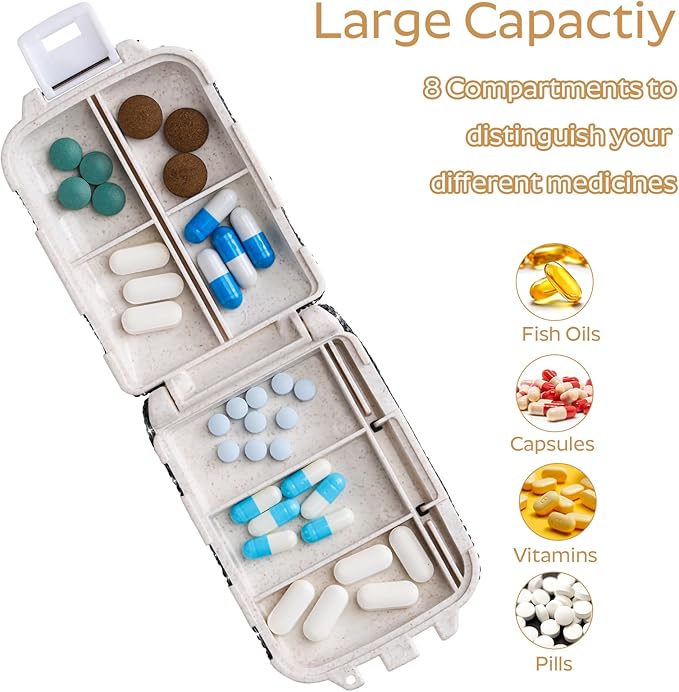 Soleebee Portable 8 Compartments Daily Pill Organizer, Bling Crystal Pill Box Case, Small Travel Pill Planner, Pill Dispenser, Medicine Container Organizer to Hold Vitamin, Fish Oil (Black)