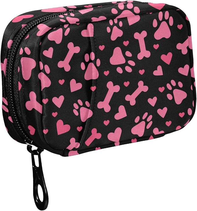 Fustylead Pink Dog Paw Prints Hearts and Bones Pill Organizer and Storage Weekly with Zipper, Removable Pill Box Portable Medicine Organizer for Vitamin Fish Oil Supplement