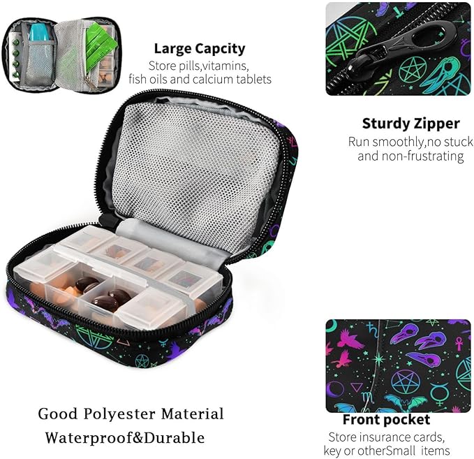 Fustylead Witchcraft with Different Magic Elements and Animals Travel Pill Case Bag with Zipper Weekly Pill Box 8 Compartments 7 Day Personal Pill Case Purse Medicine Case Organizer