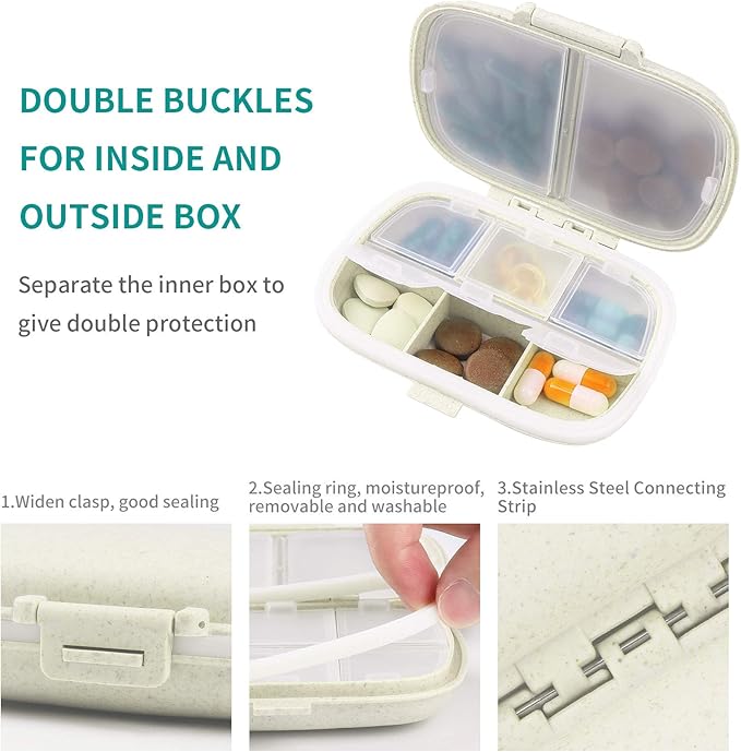 2 Pack Pill Organizer Box - Small Pill Dispenser Home Travel Essentials Supplement Holder Portable Vitamin Case 8 Compartment & 3 Compartment Container Daily Medicine