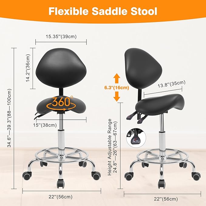 Saddle Stool Chair with Back Support, Multi-Functional Ergonomic Saddle Chair with Wheels for Salon Spa Dentist Clinic Esthetician Saddle Stools for Hair Stylist Tattoo(with Backrest, Black)