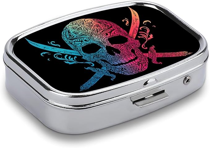 Metal Pill Organizer – 2-Compartment Pocket Pill Box for Vitamins, Supplements, Medications – Compact Travel Case (Ornate Rainbow Skull)