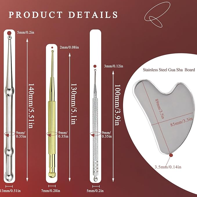 4Pieces Facial Reflexology Massage Tool，Stainless Steel Manual Acupuncture Pen with GuaSha Board， Double Headed Spring Loaded Ear and Body Point Probe Pen