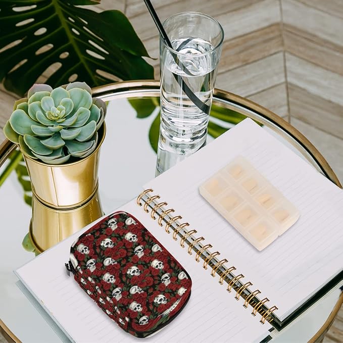 Skull Red Rose Pill Case Weekly Medicine Organizer with Travel Bag Seven-Day Pill Box Vitamin Supplement Box Fish Oil Pills Holder