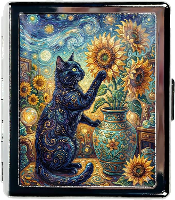 Metal 7 Day Pill Organizer, Weekly Pill Case with 8 Compartments, Travel Pill Box for Purse & Pocket, Small Medicine & Vitamin Organizer with PP Dividers (Starry Sunflower Cat)