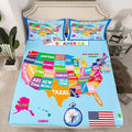Geography USA Map Bed Sheet Set Queen Size, Educational Map Fitted Sheet for Kids World Geography Bedding Set Learning Educational Bed Cover Bed Set 3Pcs (No Flat Sheet)