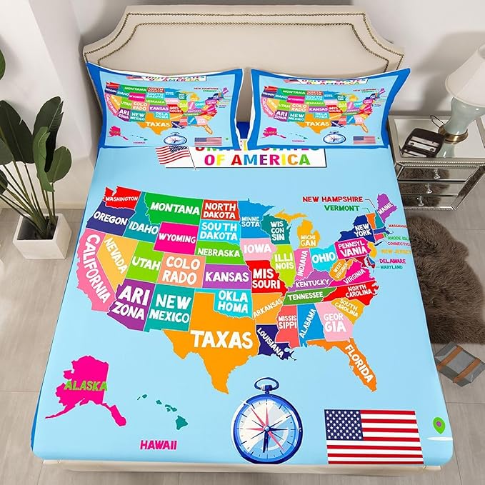 Geography USA Map Bed Sheet Set Twin Size, Educational Map Fitted Sheet for Kids World Geography Bedding Set Learning Educational Bed Cover Bed Set 2Pcs (No Flat Sheet)