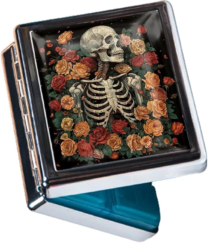 Cute Travel Pill Box Organizer with 8 Compartments - Compact and Fashionable Pill Case with Mirror - Ideal for Medications (Skeleton in Flowers)
